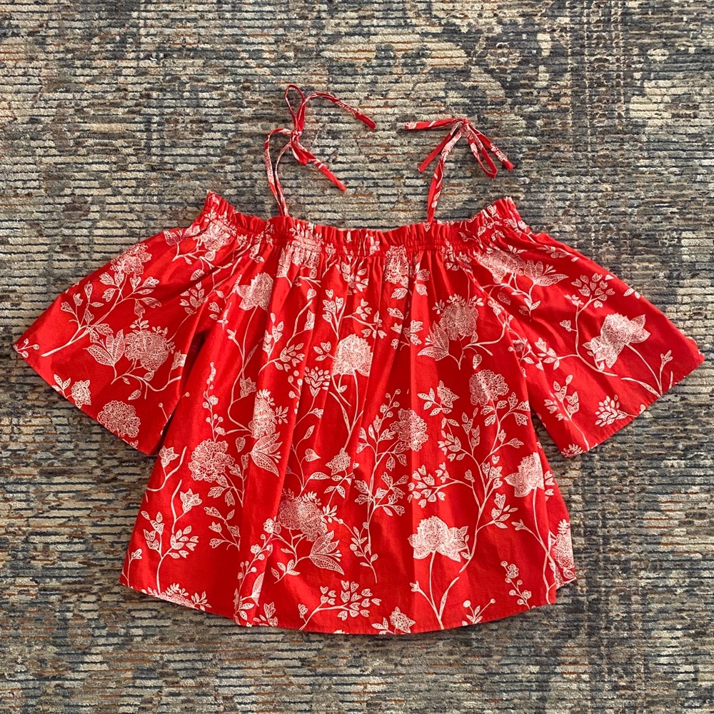 H&M Red Floral Print Tie Shoulder Top